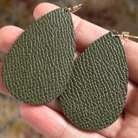 Nickel & Suede Desert Green Small Teardrop Leather Earrings Light Weight Texture - Picture 2 of 5